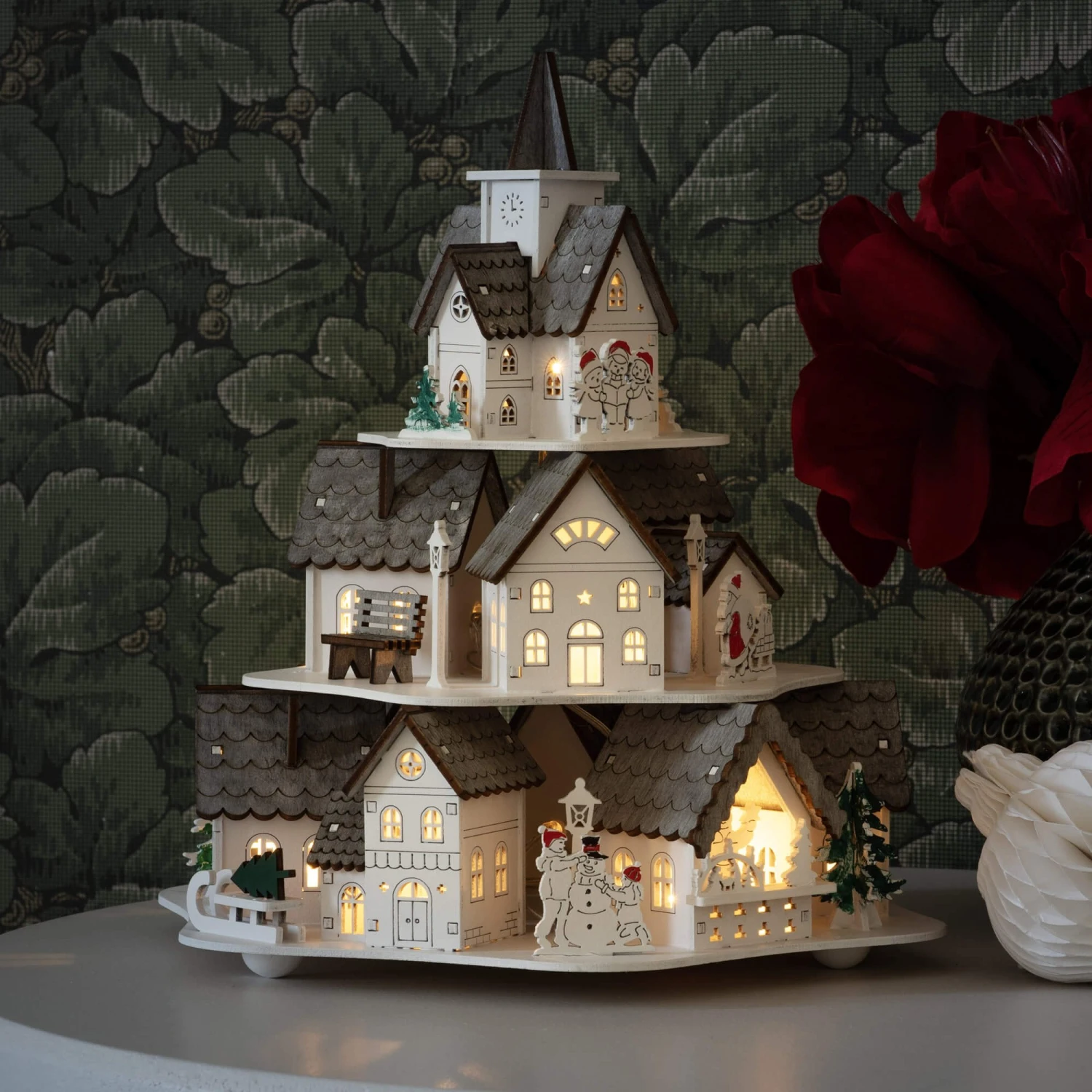 White Wooden Stacked Village Christmas Decoration