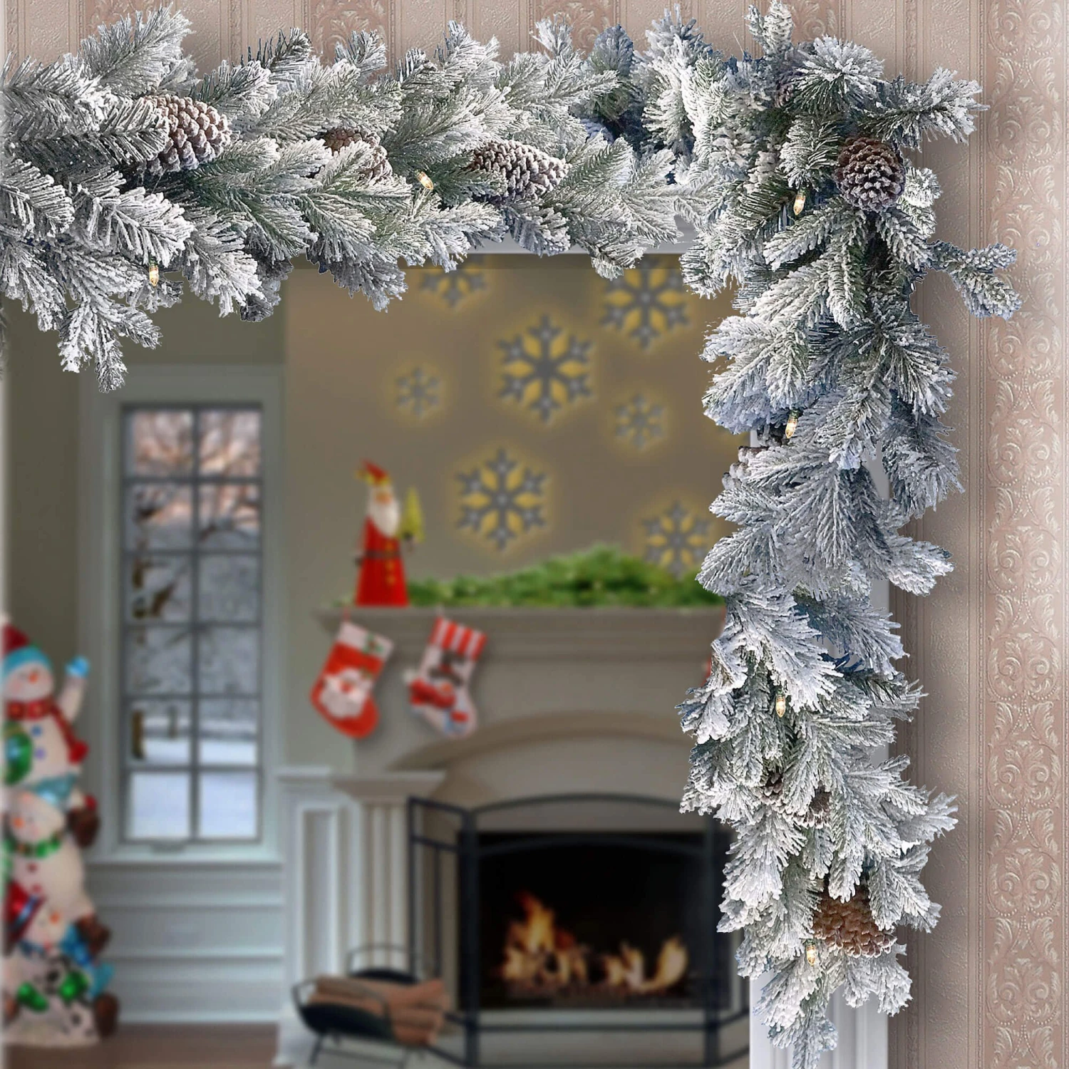 2.7m Pre-Lit Snowy Dorchester Garland