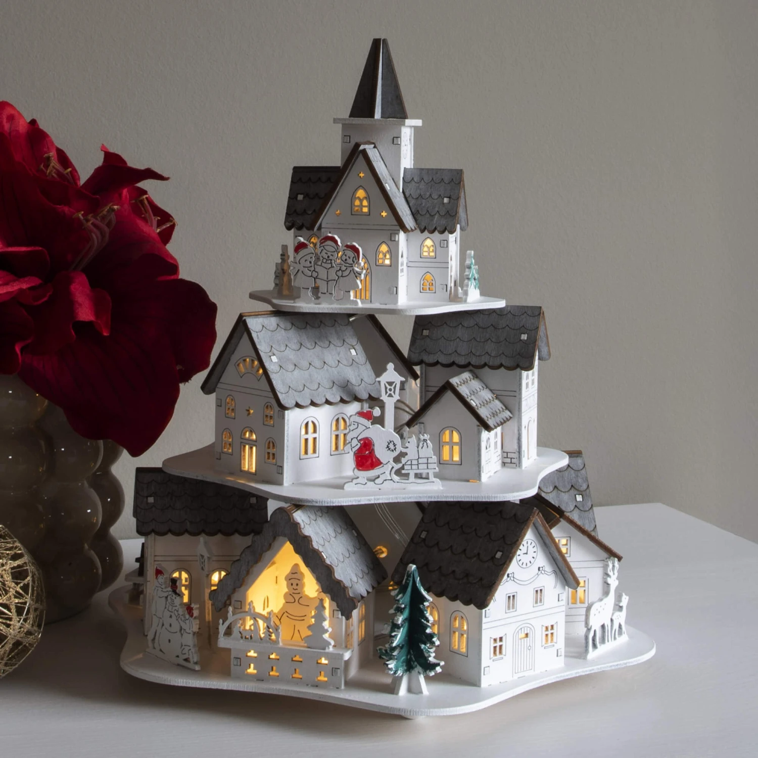 White Wooden Stacked Village Christmas Decoration - Image 3