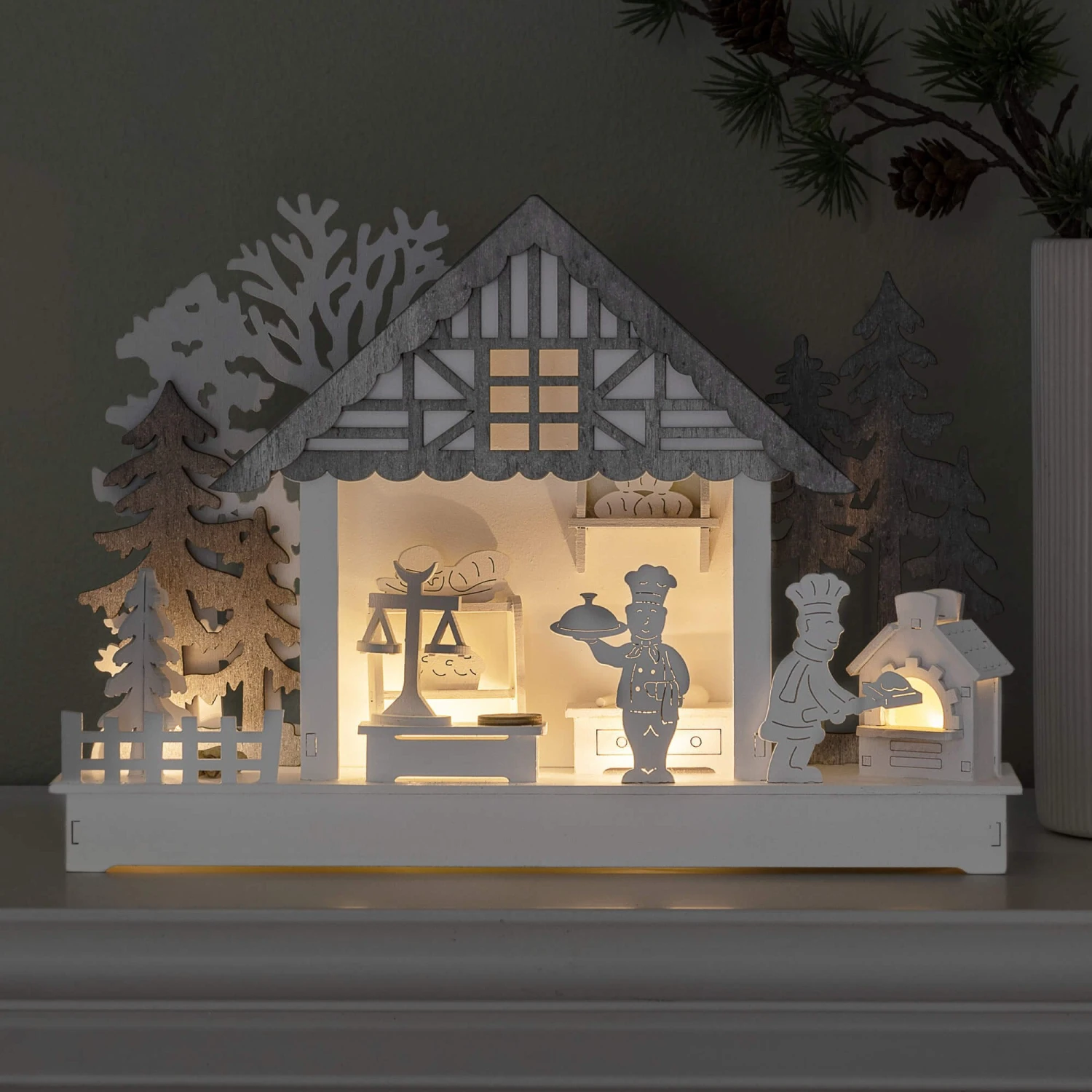 White Wooden Bakery Silhouette Christmas Decoration