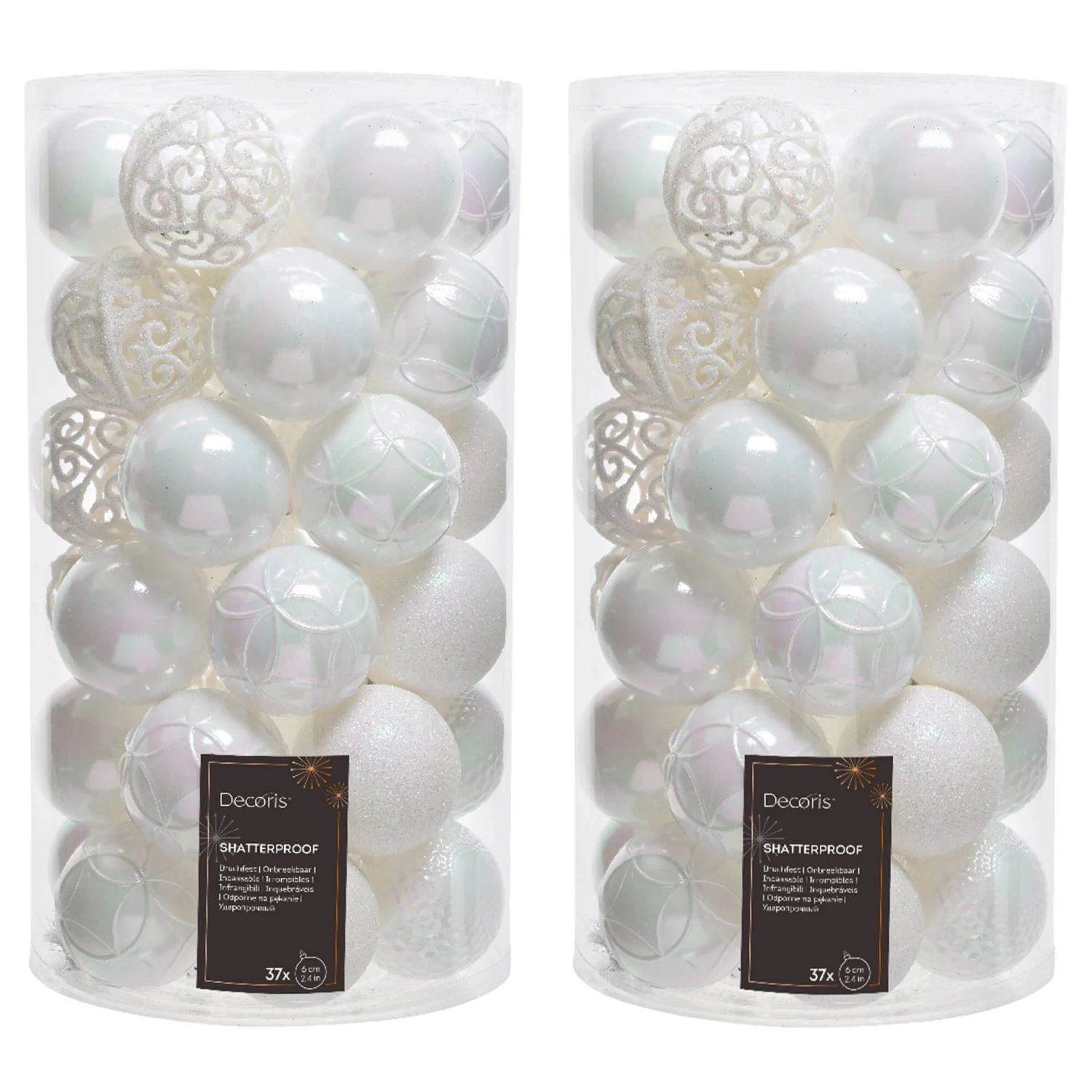74 White Iridescent Shatterproof Baubles With Assorted Finishes