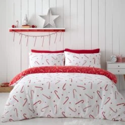 Catherine Lansfield Christmas Candy Cane White Kingsize Duvet Set
